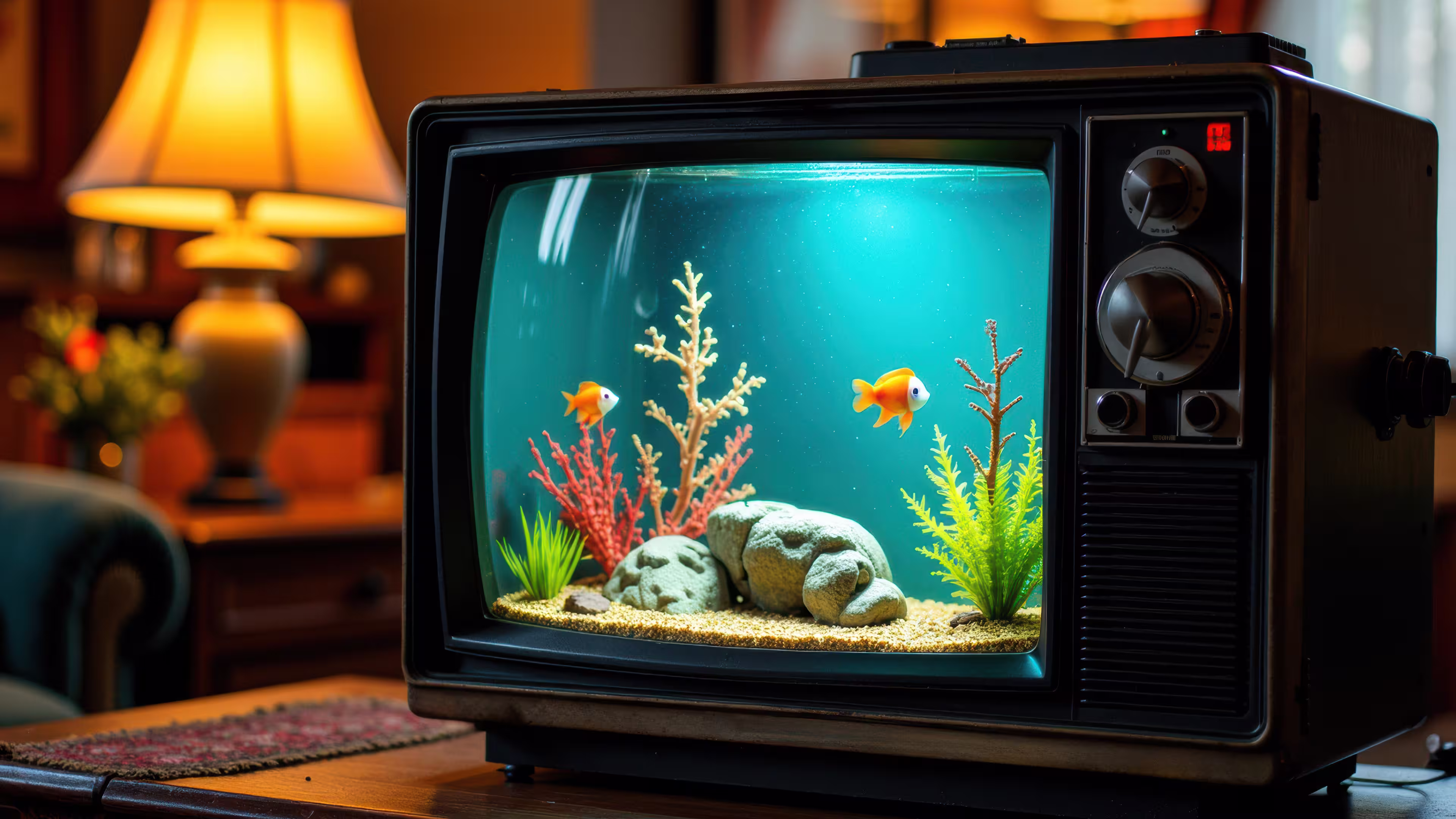 Retro television transformed into an aquarium with two goldfish, plants, and rocks.