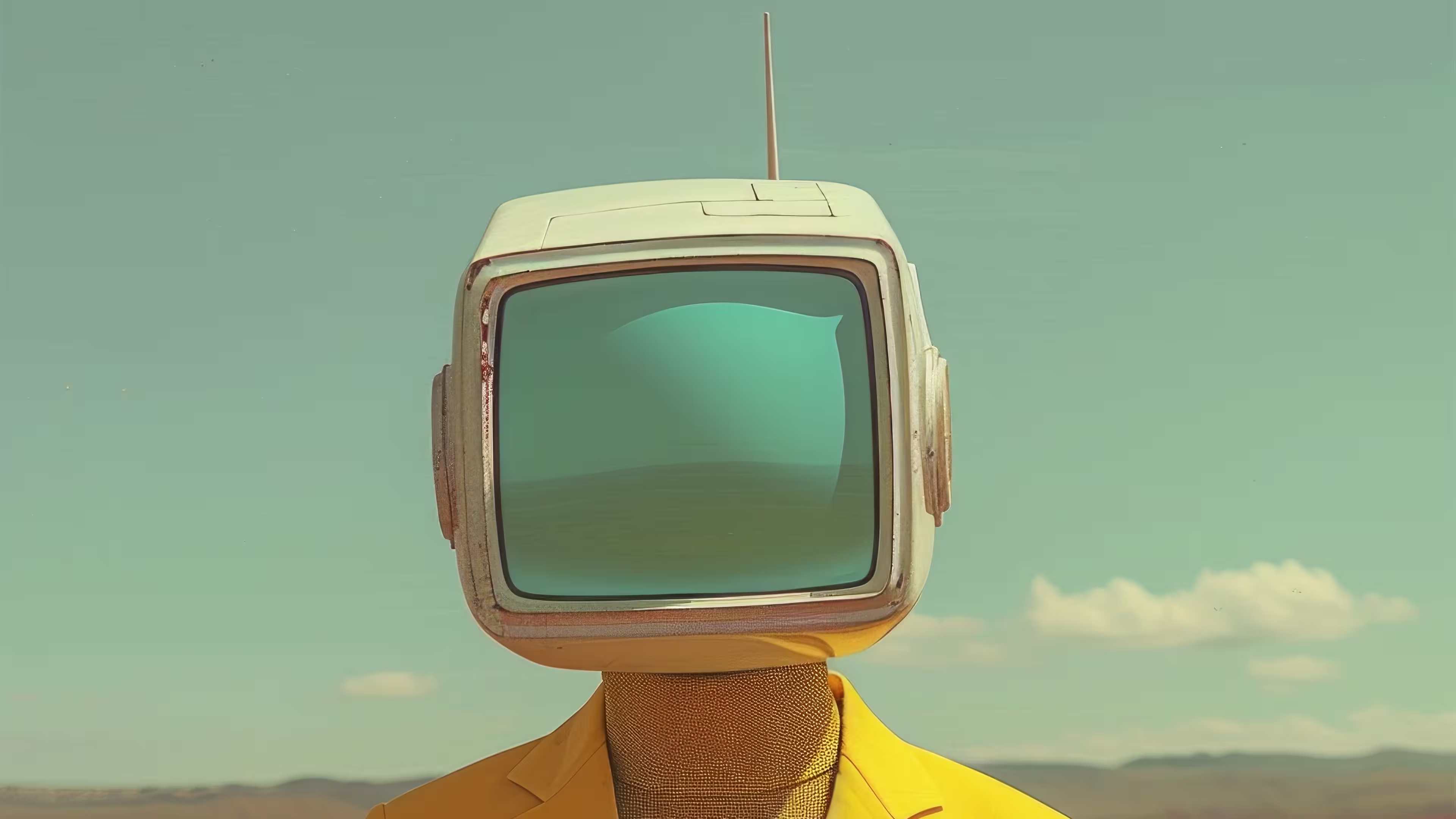 Person with a vintage television as a head wearing a yellow jacket under a blue sky.