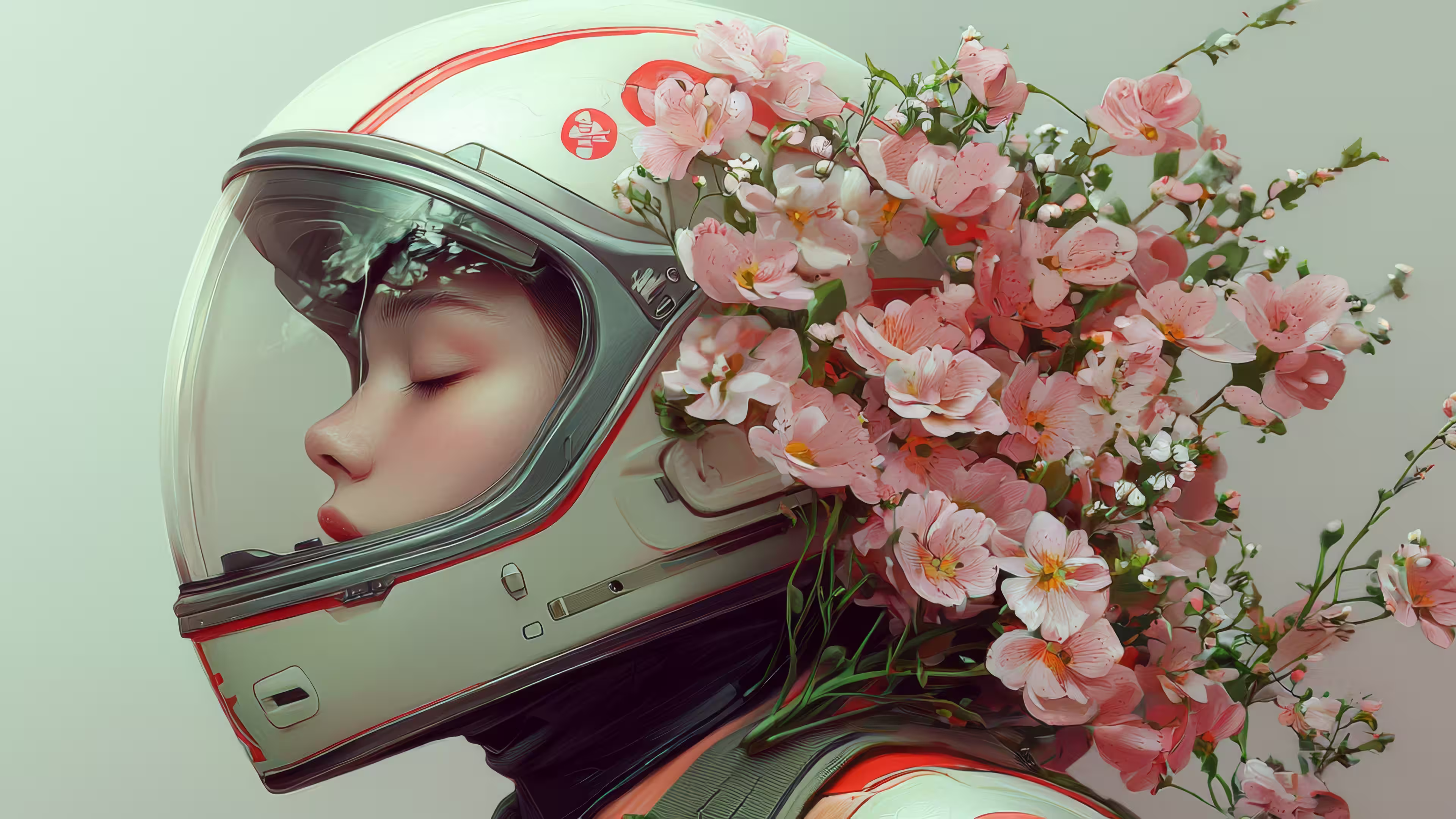 Person wearing a helmet with pink flowers flowing from the back.