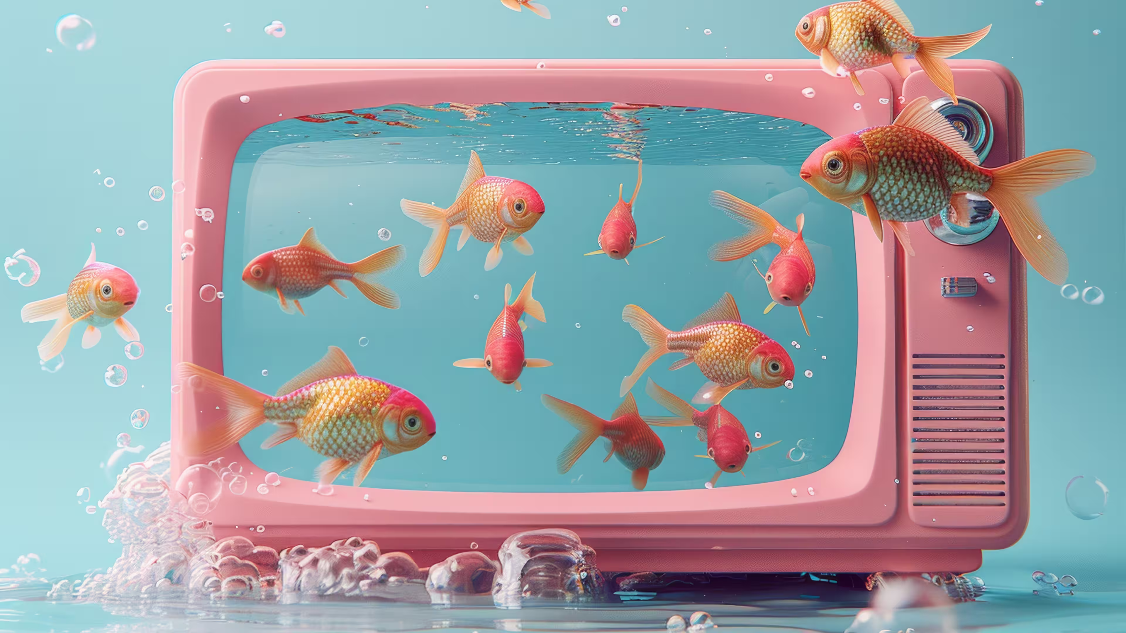 Goldfish swimming in water inside a retro pink television set.